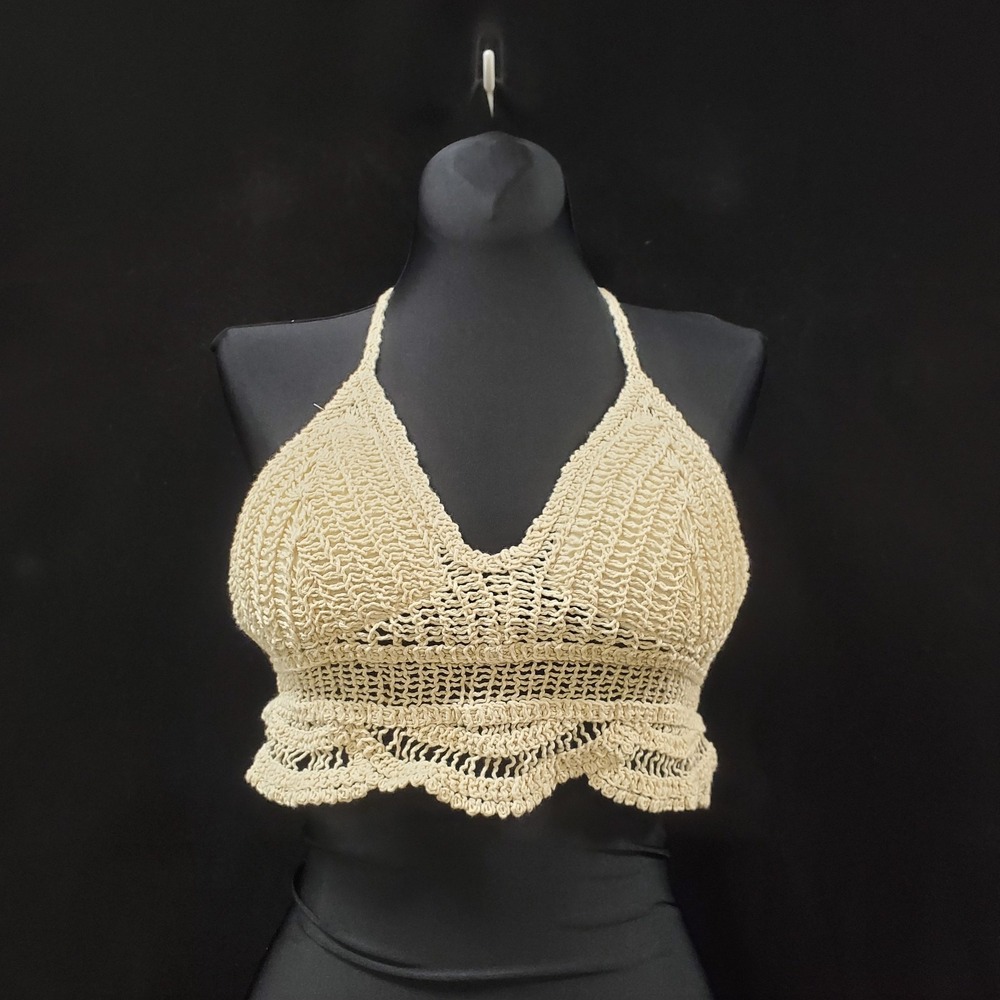 Boho Hippie Festival Crochet Babydoll Tie Top Size S Cream Sleeveless V Neck